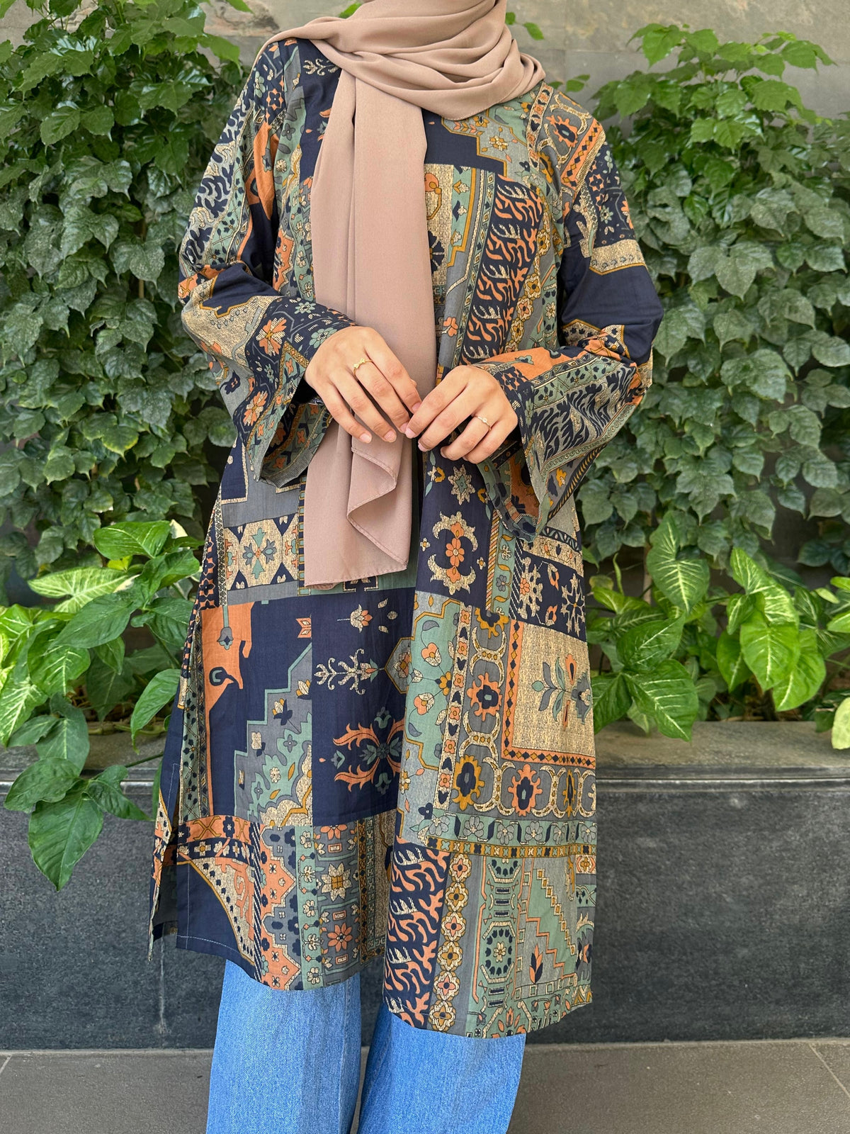 Navy Blue Rug Print Kurti  (Short)